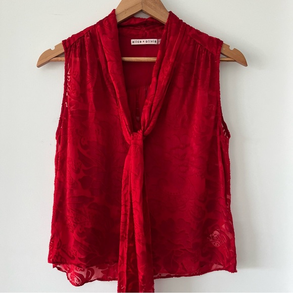 ALICE AND OLIVIA Ruby Red Arie Tie Neck Silk Sleeveless Blouse Size XS - Picture 7 of 8